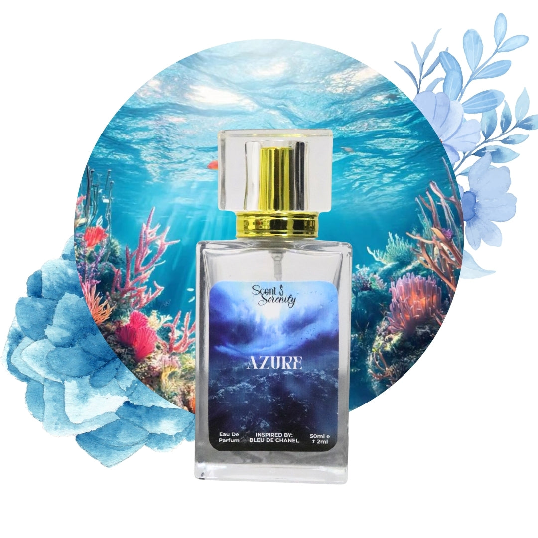 Scents N Serenity / Scent N Serenity-Perfume bottle labeled 'Azure' with an underwater scene in the background